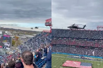 Amerikaanser kan niet: H-64 Apache, UH-60 Blackhawk en CH-47F Chinook vliegen heel laag over stadion