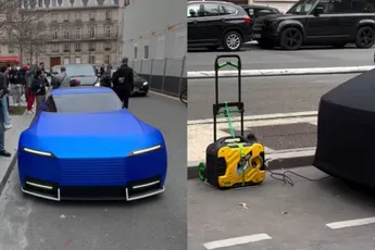 Elektrische Jaguar Type 00 in French Ultramarine tijdens Paris Fashion Week – opgeladen door een dieselgenerator