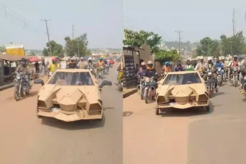 Nigeriaanse knaap heeft met z’n Lambo van karton een hoop bekijks