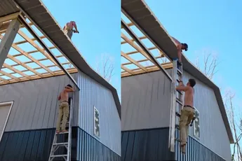 Roofer heeft een te korte ladder, maar dat blijkt niet echt een probleem