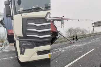 Denk je alles gezien te hebben: vrachtwagen gepenetreerd door wiek van windmolen