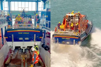 Zo wordt de reddingsboot Tenby Lifeboat gelanceerd vanuit de werf in Wales