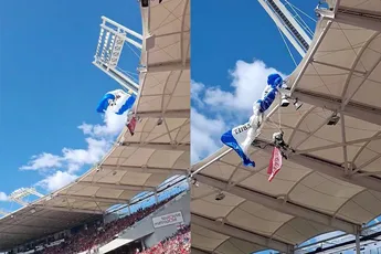 Parachutist blijft hangen aan Stade de Toulouse, wedstrijd begon 40 minuten later