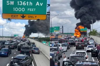 Brandstoftanker verandert in vuurbal na botsing met bus in Davie, Florida