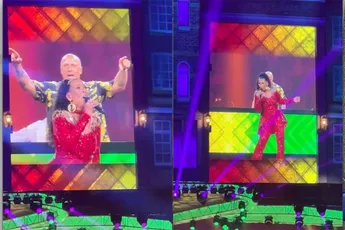 Paul Elstak tijdens Toppers op podium met Ingrid Simons, originele zangeres van Rainbow in the Sky