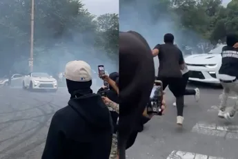 Kerel springt voor z’n leven tijdens wilde sideshow en ontwijkt op het nippertje Chevy-beuk