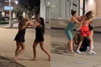 Hele boze dametjes: mooie jurkjes, hoge hakken en dan elkaar even onguur in de haren vliegen