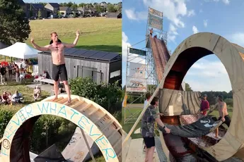 Belgische Sebastian vermaakt zich wel, maakt glijbaan met slip'n slide en looping in de achtertuin