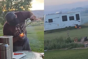 Amerikaans boertje schiet met Kattenpult bijna zijn trailer in de fik