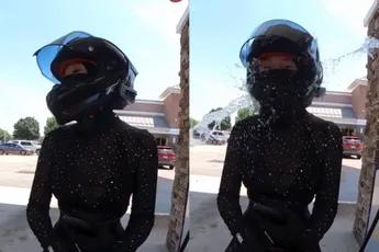 Stoere bikerbabe geeft haar nummer niet en krijgt daarom fles water in haar gezicht