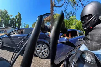 Motorrijder in Moldavië is het zat en ramt zijspiegel van auto