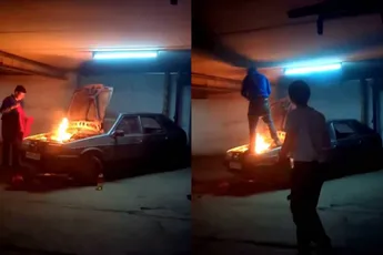 Russische amateur-brandweerman weet wel raad met motorbrand