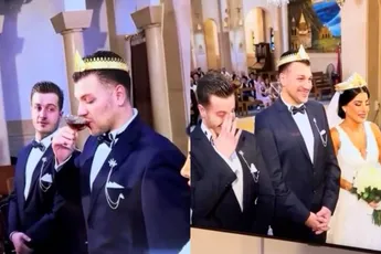 Bruidegom klapt glas wijn achterover en heeft ook direct door dat dit niet de bedoeling was