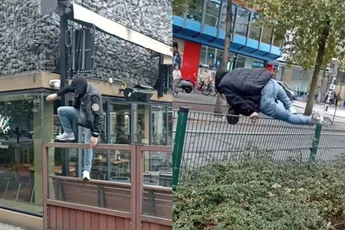 Rotterdamse parkour-atleet vertoont zijn kunsten met “tabacca” op de lip
