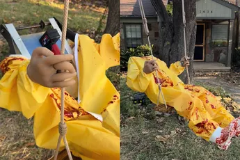 Deze Amerikaan bouwde z’n eigen schommelende Halloween-robot voor in de voortuin
