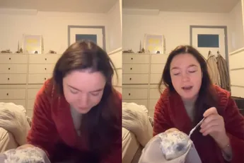 Waarom zou je dat doen? Vrouw eet kwark uit BH