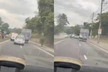 Trucker gooit stuur om in Guaratiba roodrage en kegelt auto's van de weg en verliest eigen achterwielen