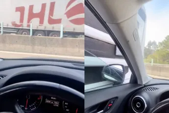 Meegesleurd door vrachtwagen, dikke paniek, toch even filmpje schieten