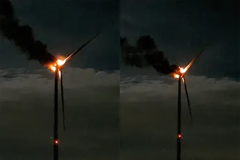 Windmolen vliegt in brand bij Nieuwleusen: brokstukken regenen neer op weilanden