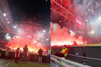 Ajax-supporters vieren alvast jaarwisseling naar 2026 met vuurwerk in de Johan Cruijff ArenA