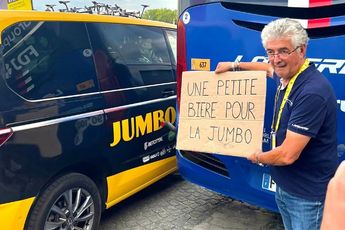 📸 Madiot is 'halve liter-vete' met Plugge niet vergeten: Fransman poseert gretig met bierbord voor Jumbo-Visma