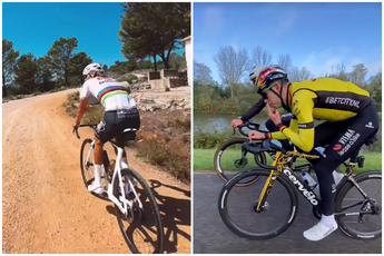 📸 Hoezo offseason? Van der Poel dolt (in regenboogtrui) op gravel, Van Aert met twee vingers in de neus over de 100