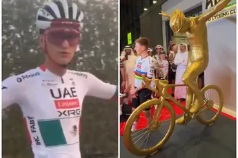 🎥 Terwijl Del Toro voor het eerst poseert in kampioenskleuren, onthult Pogacar bizar gouden standbeeld van zichzelf