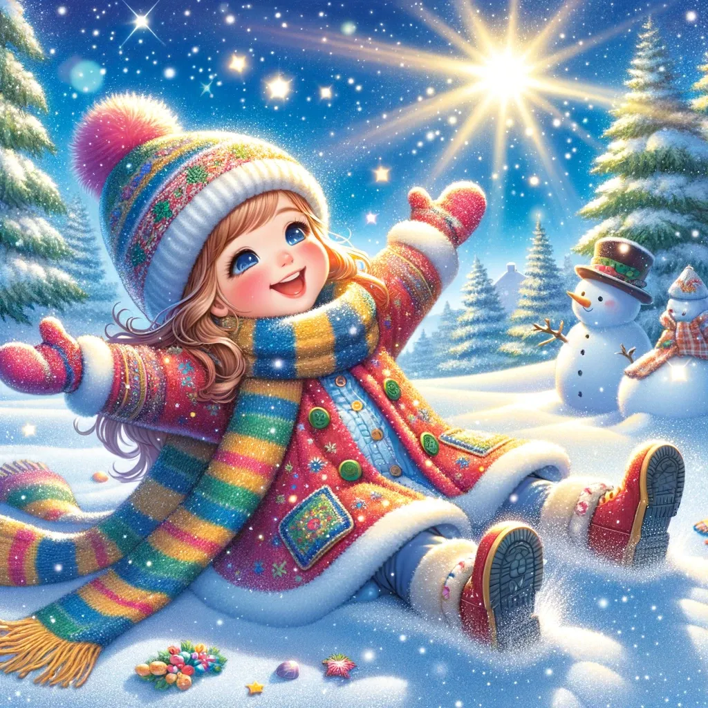 dalle 2023 12 15 063551 a delightful scene of a young girl playing in the snow the girl is dressed warmly in a colorful winter coat scarf and hat joyfully making a snow a