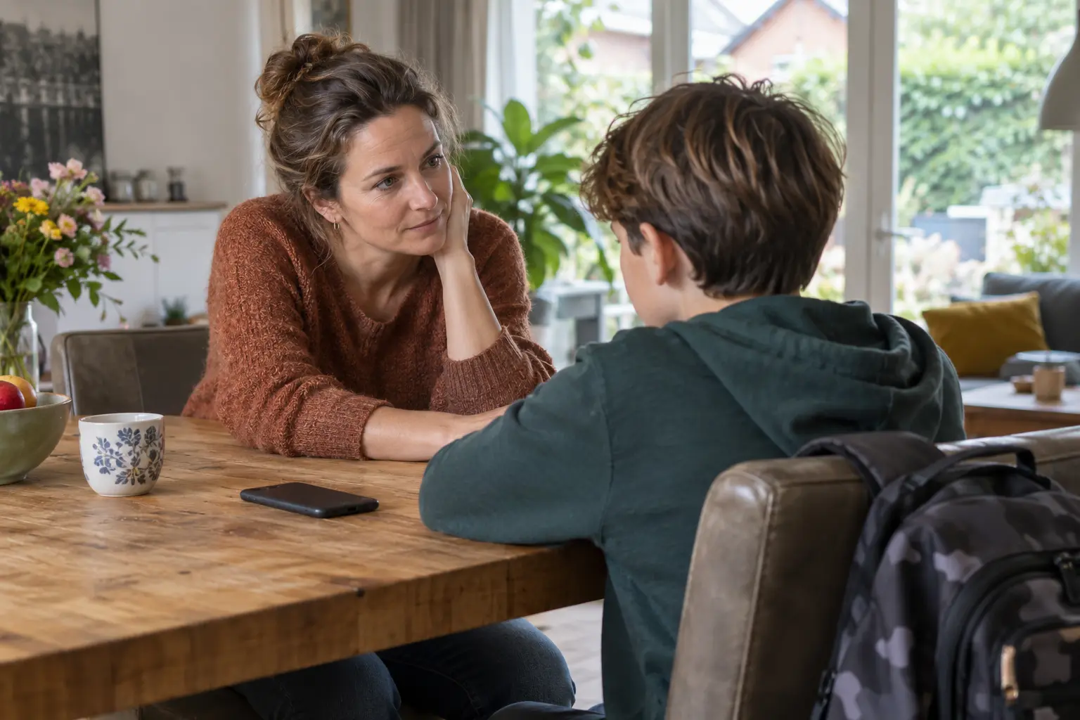 Een ouder praat met een jongen aan tafel, met een telefoon naast hen.