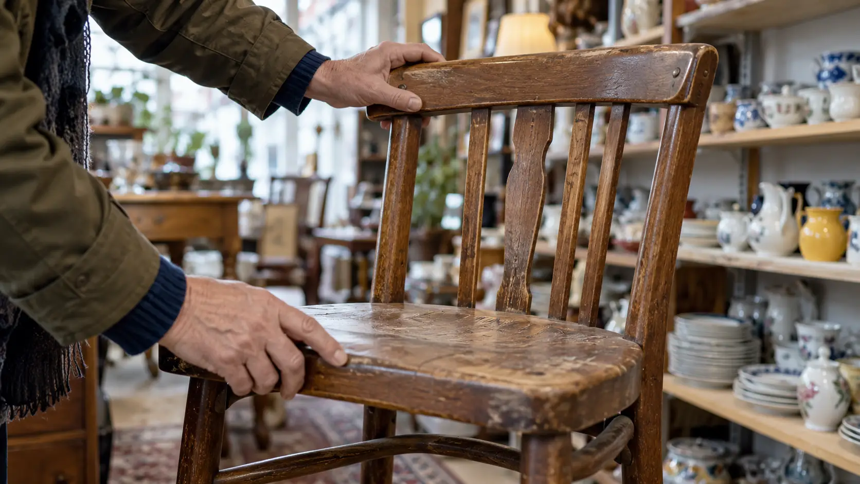 Handen controleren een gebruikte houten stoel in een kringloopwinkel.