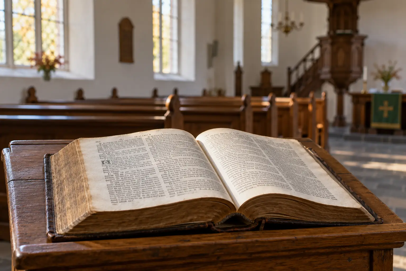 Open Bijbel op een houten lezenaar in een kerk, AI-illustratie