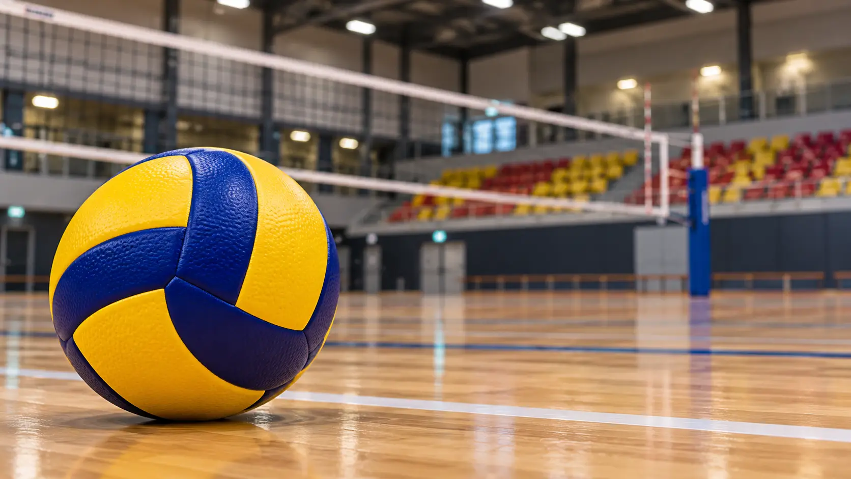 Geel-blauwe volleybal op de vloer van een sporthal; AI-illustratie.