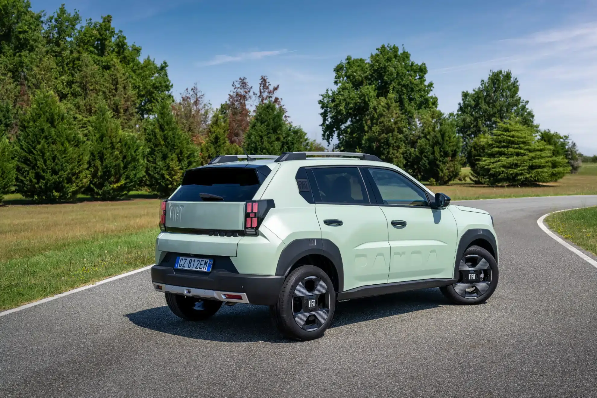 grande panda benzina di colore azzurro ripresa dal posteriore ferma su strada