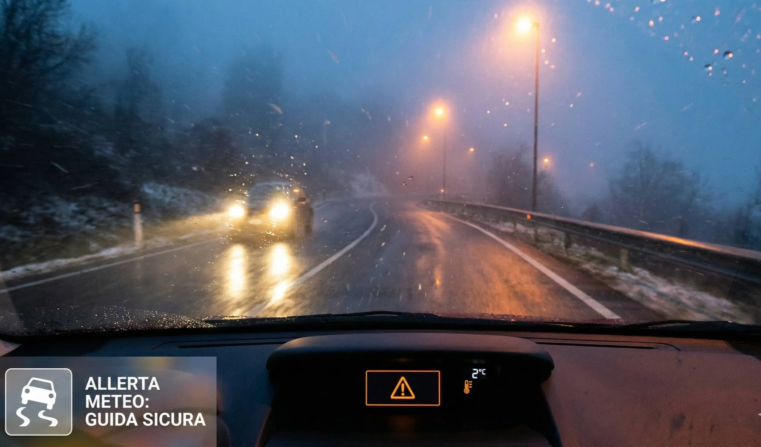 guida con il maltempo vista dal cruscotto