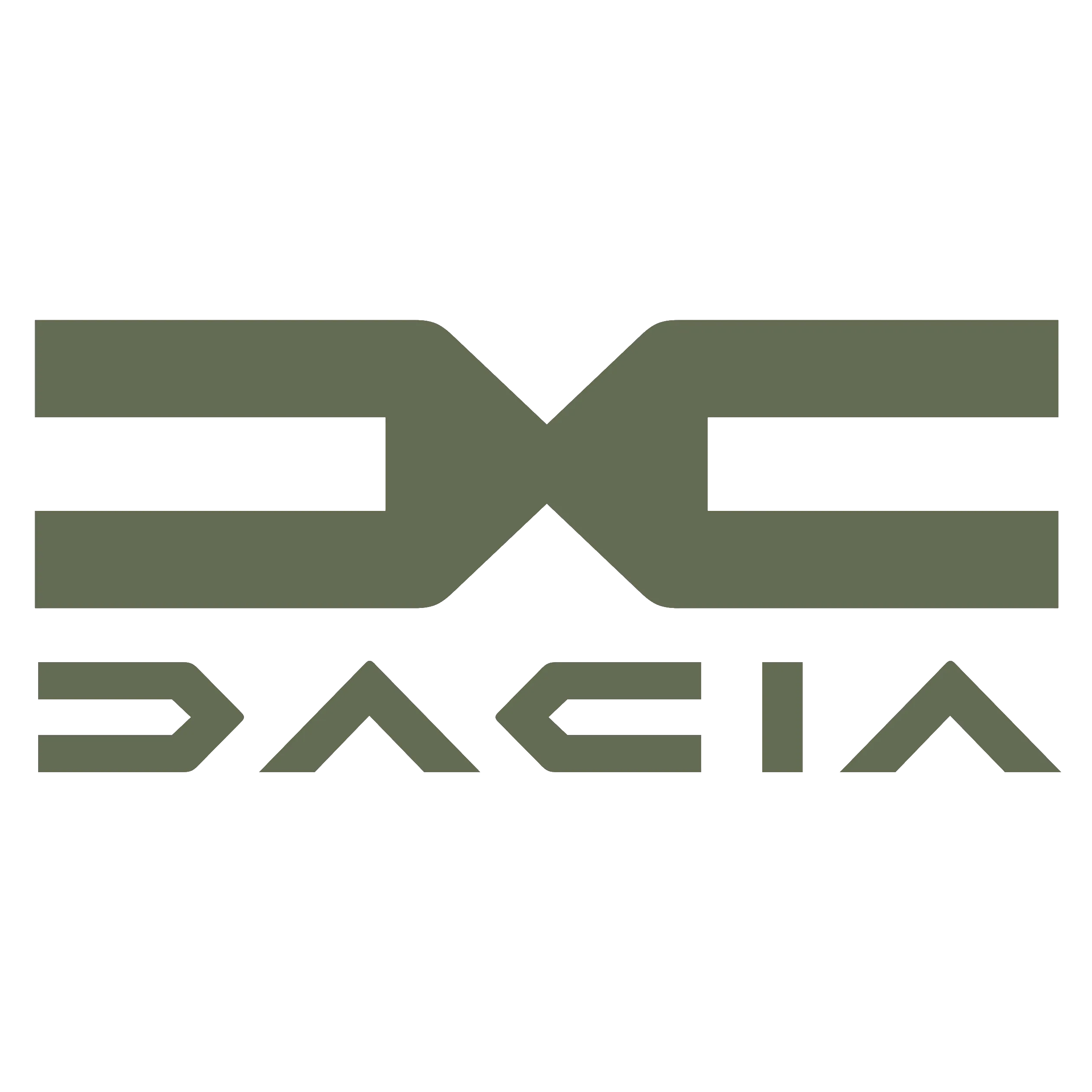 il logo della dacia in verde oliva. è composto da una D iniziale collegata subito dopo da una C e sotto è presente il nome completo della marca