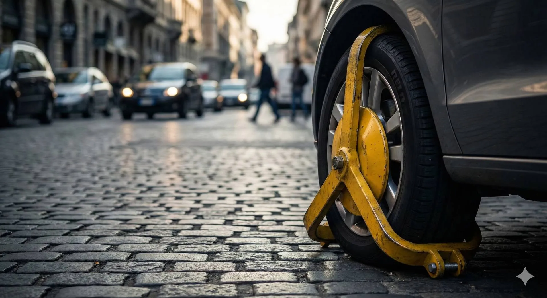 Primo piano di una ruota auto bloccata da una ganascia fiscale gialla in un contesto urbano, simbolo del fermo amministrativo.