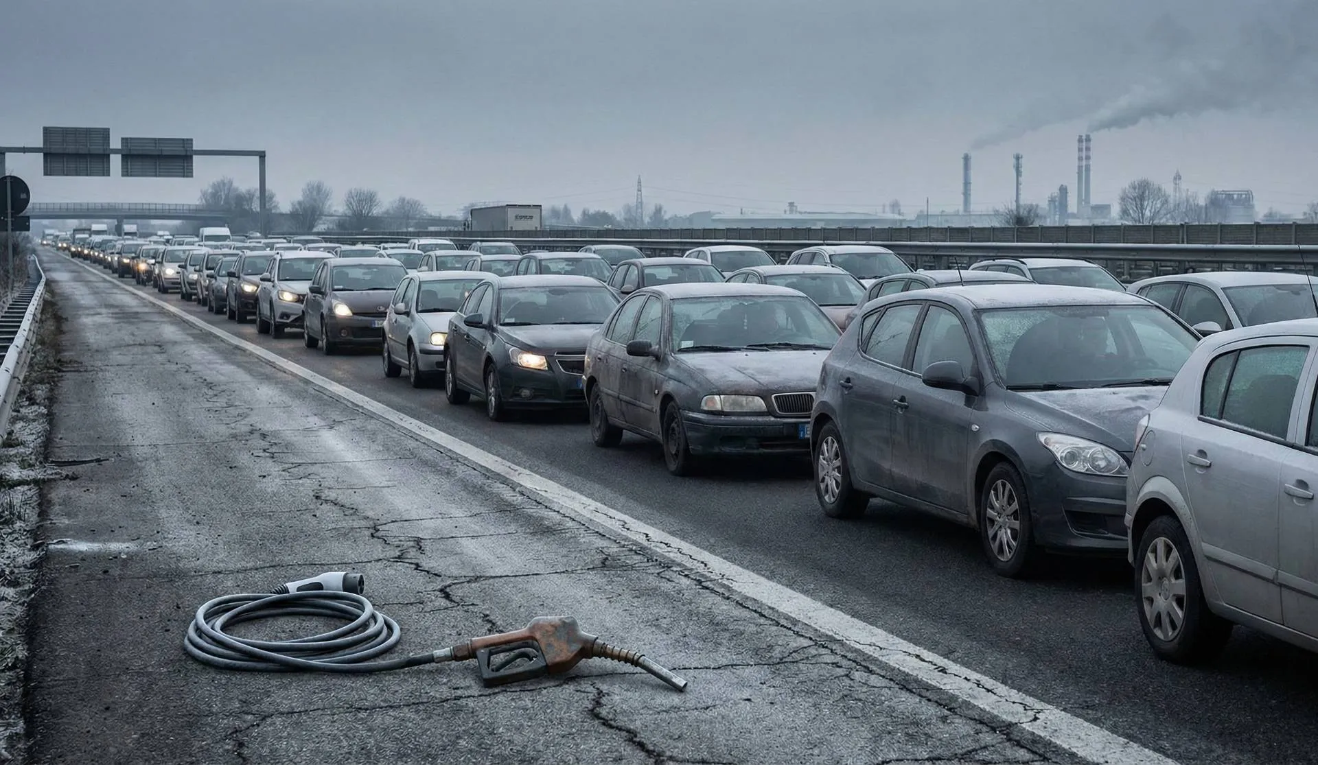 auto in coda con cielo grigio e benzina ed elettrico