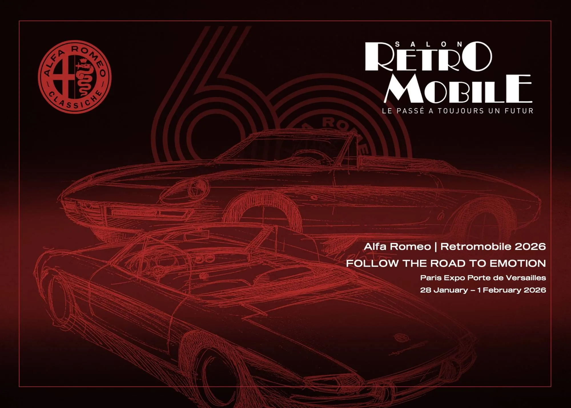 Locandina di Alfa Romeo al salone dell'auto d'epoca di Parigi Retromobile 2026