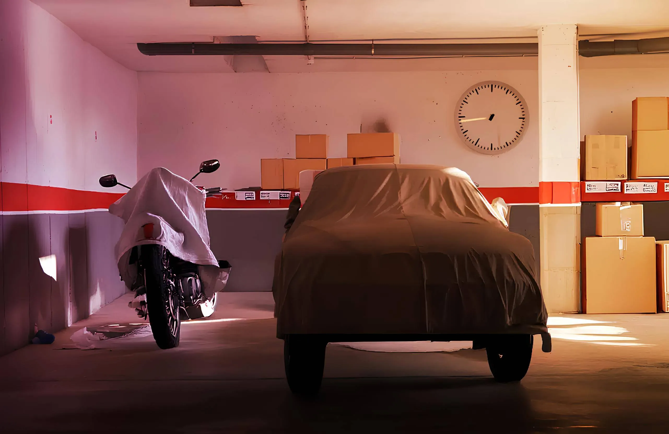 La foto ritrae una moto e un'auto in un garage, entrambe coperte da due teli. Sullo sfondo si vedono degli scatoloni di carta