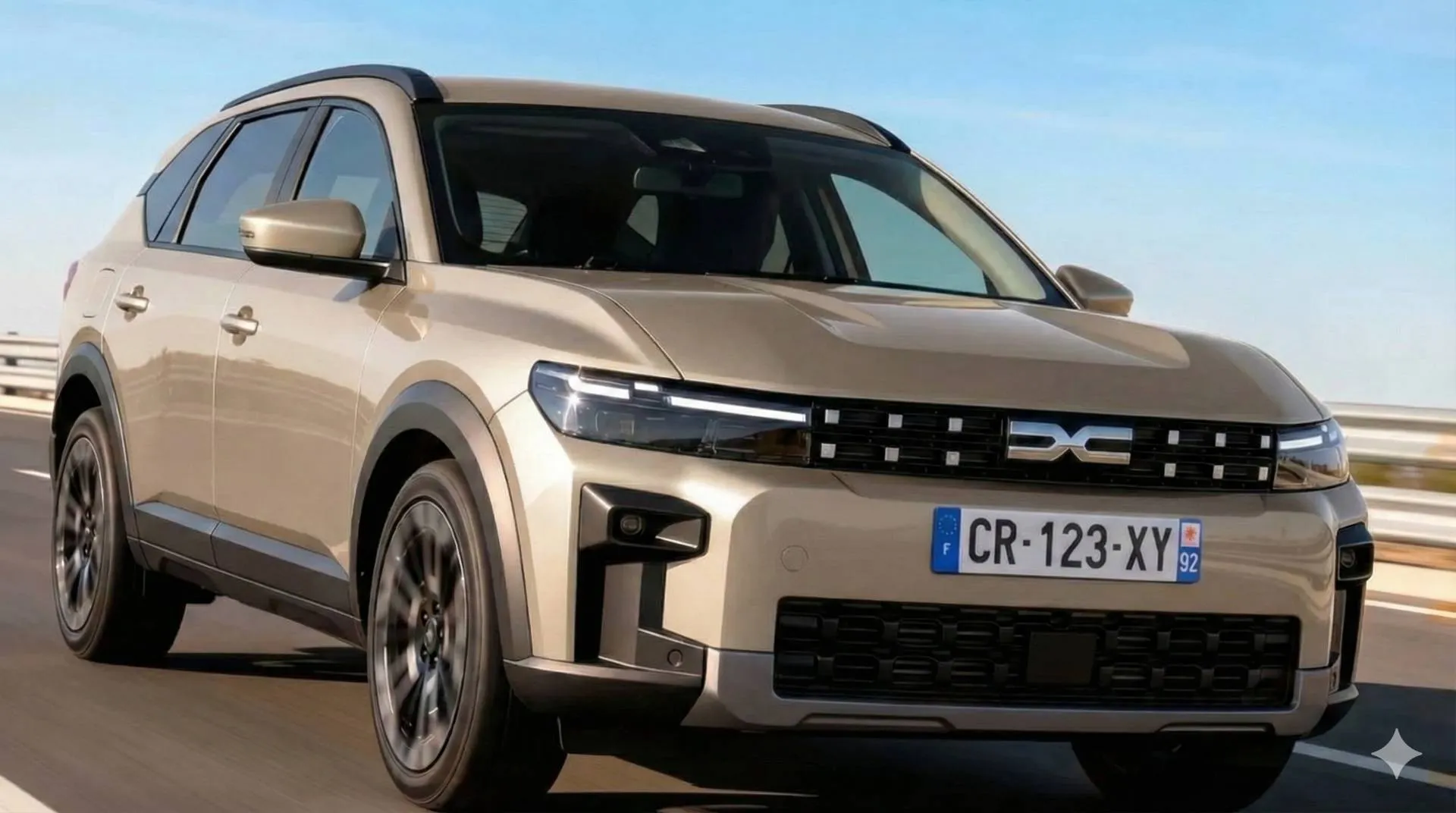 Un crossover Dacia Spacer di colore beige metallizzato mentre viaggia su un'autostrada soleggiata. La vettura è dotata di una targa francese con la combinazione alfanumerica CR-123-XY