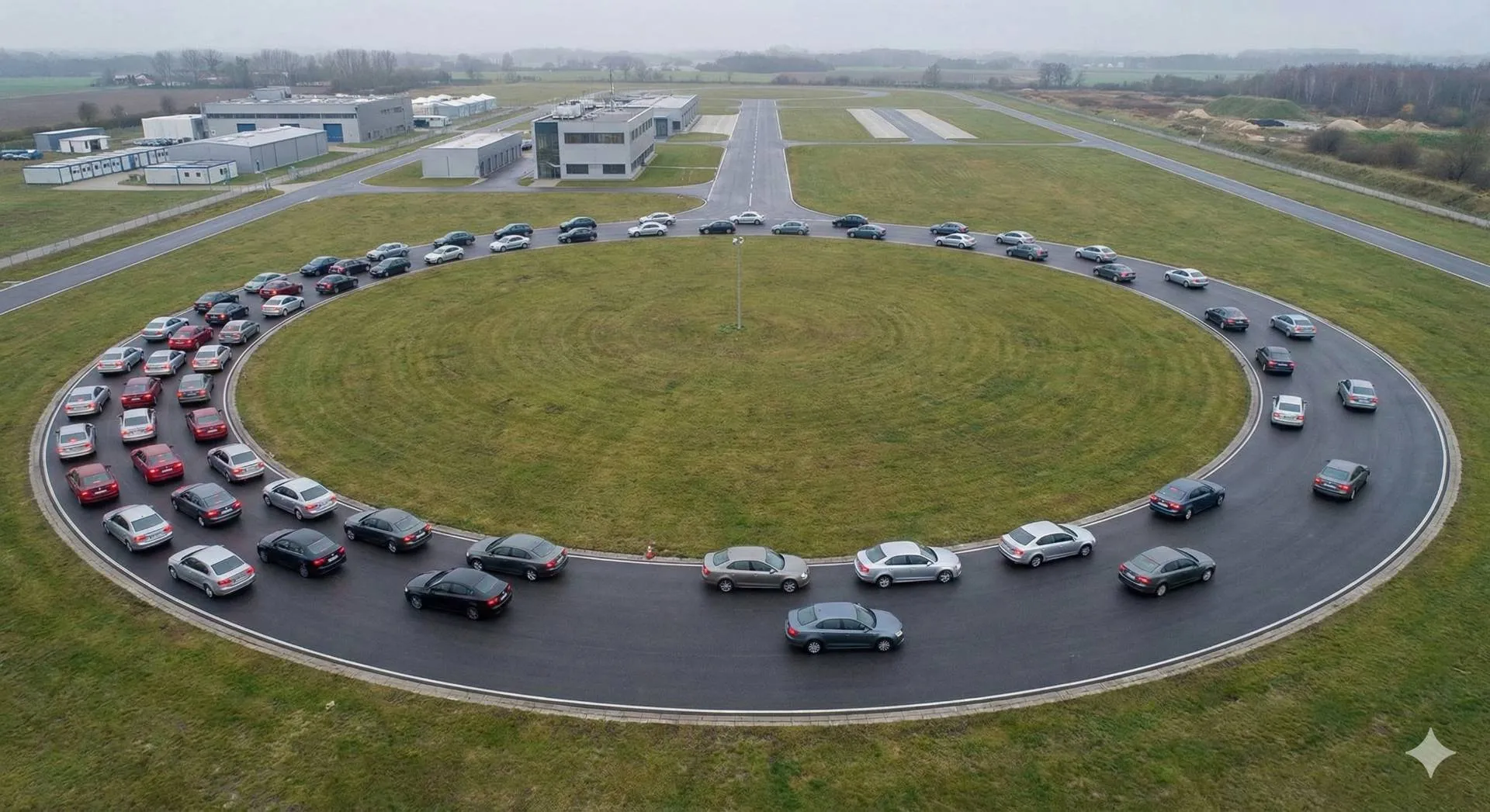 Veduta aerea di un esperimento su pista circolare che dimostra la formazione degli ingorghi fantasma: le auto si accalcano in un punto creando una coda senza ostacoli visibili, illustrando matematicamente come nasce un rallentamento a catena.