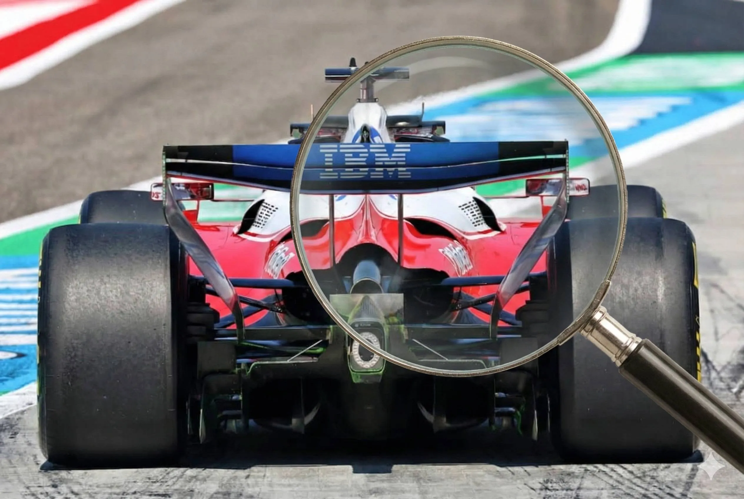 Una lente d'ingrandimento è posizionata sopra il retrotreno di una monoposto Ferrari di Formula 1, ingrandendo la sezione dell'ala posteriore e il logo dello sponsor IBM, mentre il resto dell'auto e la pista sono visibili ma meno dettagliati
