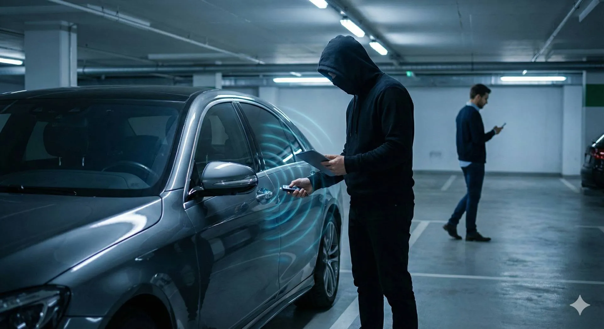 Un ladro incappucciato utilizza un dispositivo elettronico e un tablet per hackerare e aprire a distanza un'auto di lusso in un parcheggio sotterraneo, senza effrazione visibile, mentre il proprietario si allontana ignaro sullo sfondo.