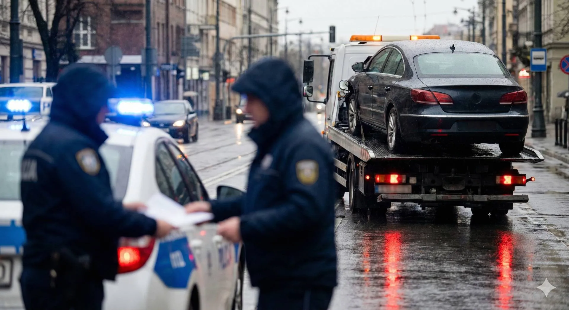Scena post-incidente stradale in una giornata di pioggia: agenti di polizia compilano il verbale in primo piano mentre un carroattrezzi carica un'auto danneggiata sullo sfondo.