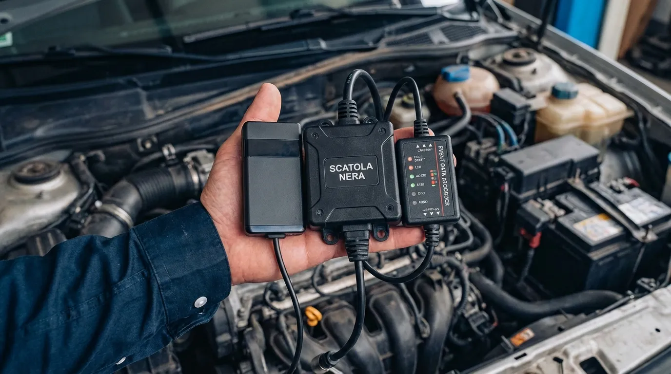localizzatore GPS, scatola nera, EDR tenuta in mano davanti a un vano motore aperto