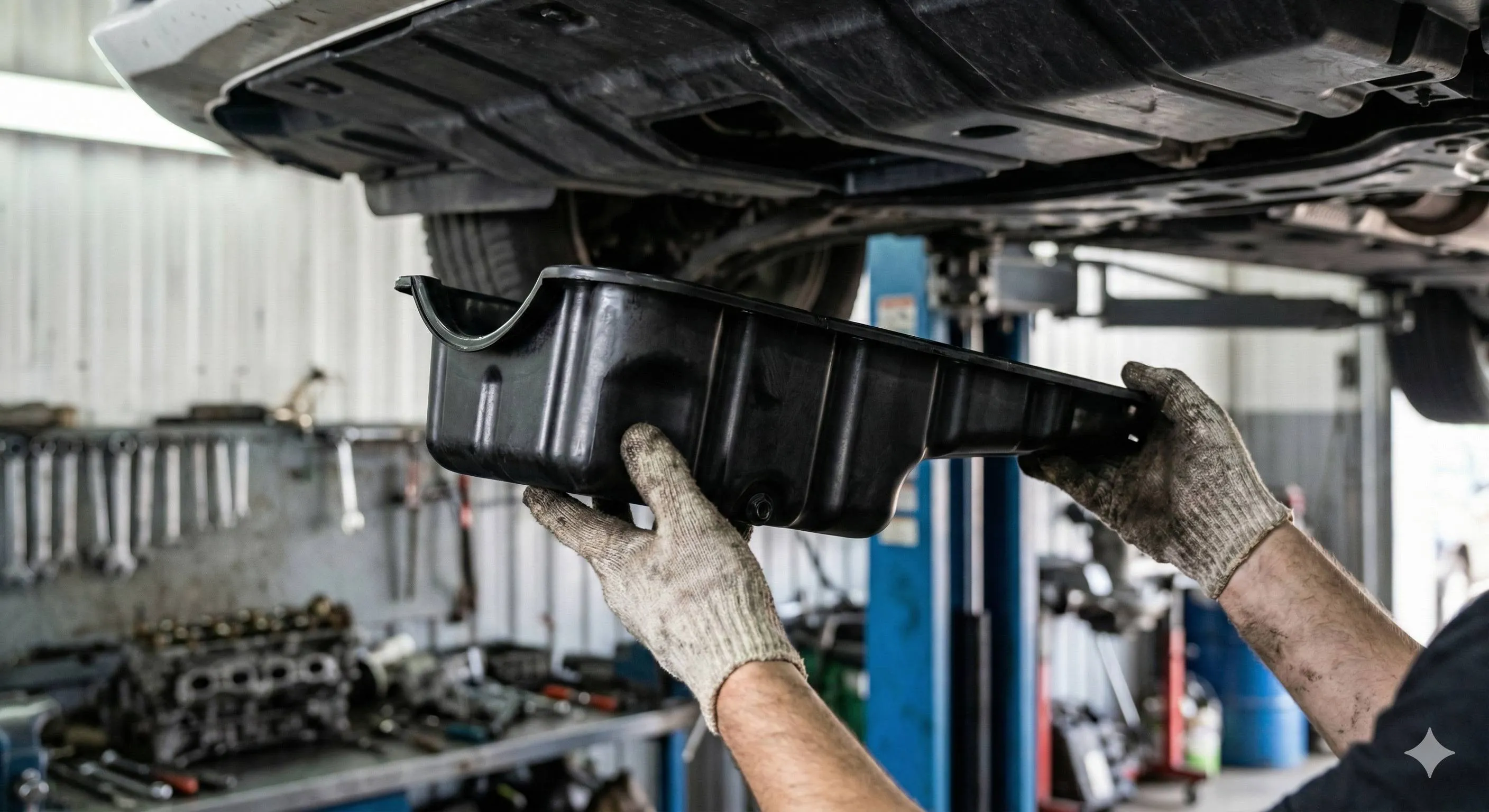Primo piano delle mani guantate di un meccanico che reggono una coppa dell'olio motore in plastica nera sotto un'auto sollevata sul ponte in officina.