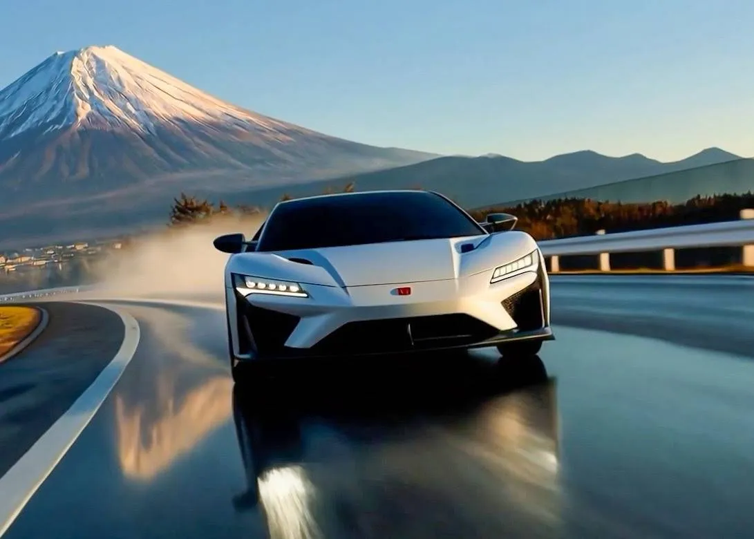 Honda NSX di Italdesign il tributo e lo sfondo di una montagna giapponese, stile monte Fuji
