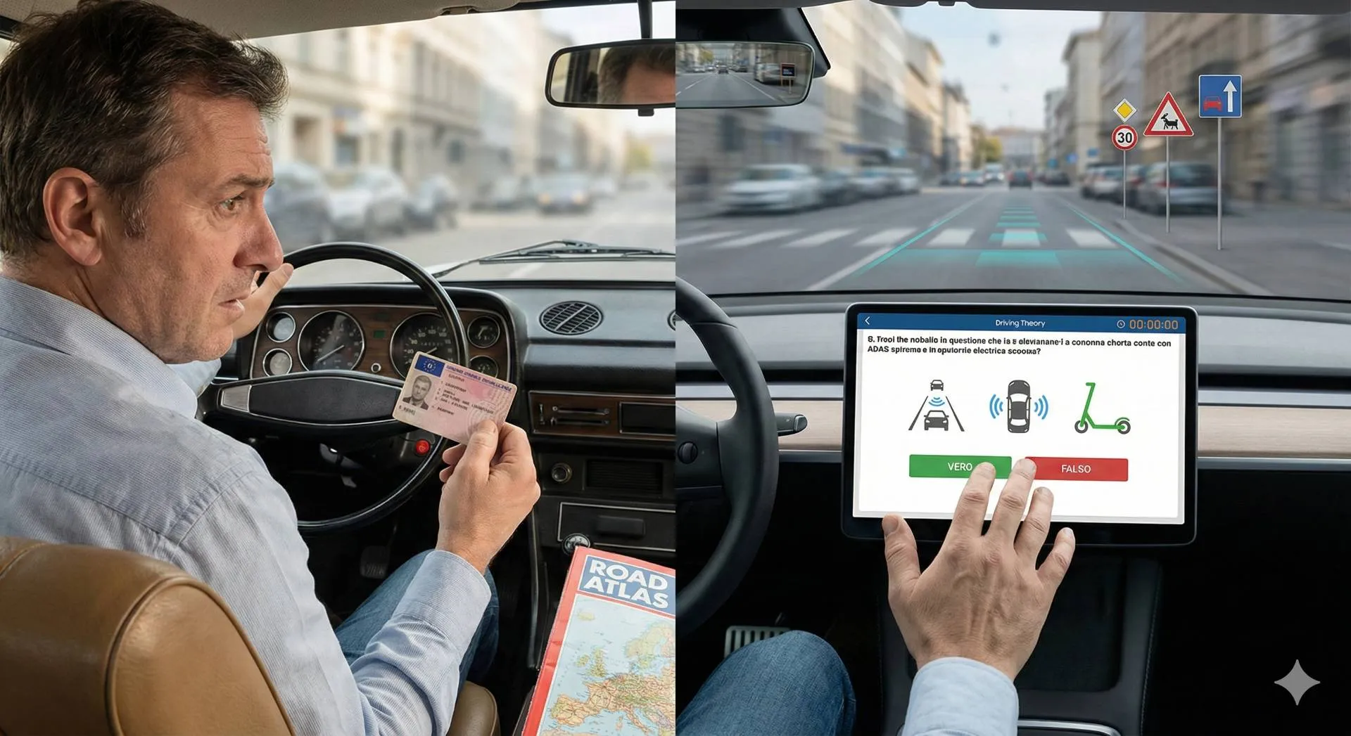 Immagine composita che mostra un guidatore esperto diviso tra una vecchia patente cartacea in un'auto d'epoca e un moderno test di teoria digitale su touchscreen in un veicolo recente.