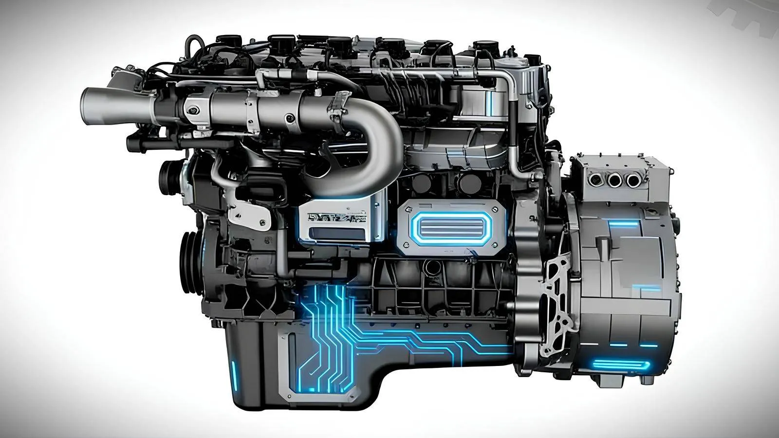 la foto mostra un blocco motore con un sistema di range extender al fondo