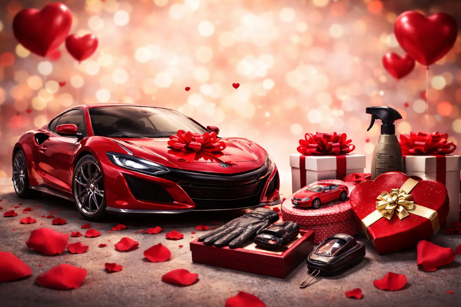 idee regalo di san valentino con auto rossa sportiva in primo piano e molti accessori dedicati agli appassionati